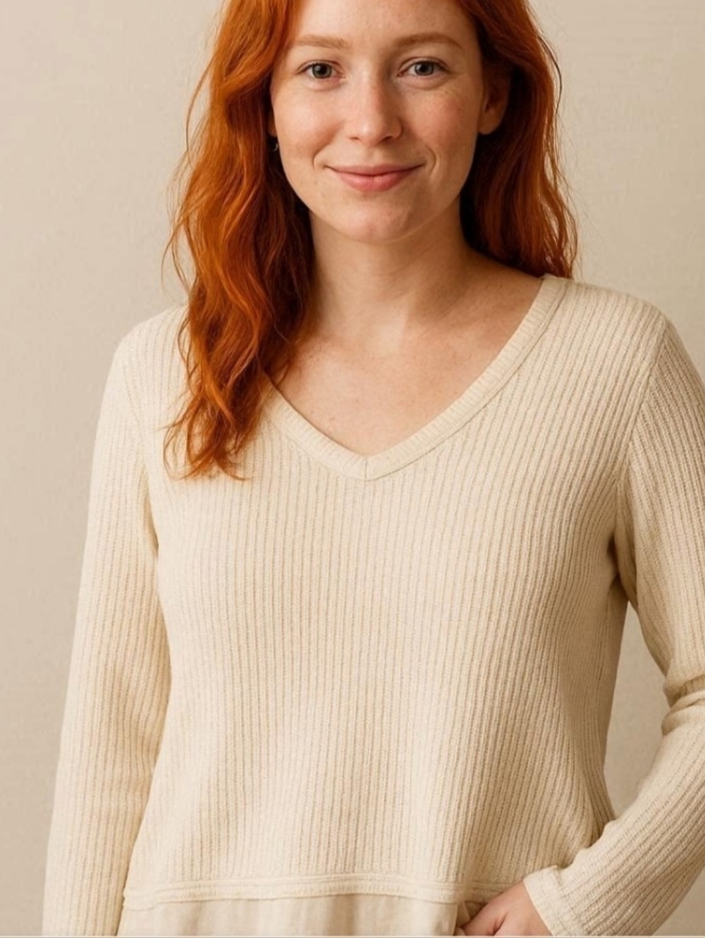 Z SUPPLY THERMAL/WAFFLE KNIT LONG SLEEVE TOP. SIZE LARGE.  CREAM.